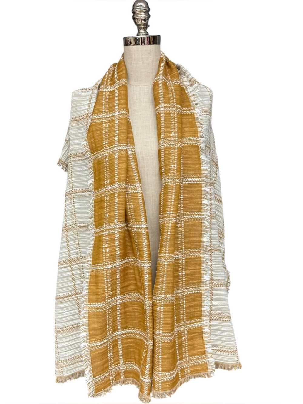 Madewell Mustard Plaid Blanket Scarf Wrap Fringe Large Shawl Wool Blend - Picture 7 of 10